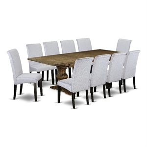 Pemberly Row Dining Table with 10 Gray Linen Chairs in Jacobean Finish