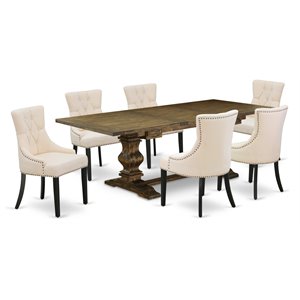 Pemberly Row 7-Piece Dining Set in Distressed Jacobean with Beige Chairs