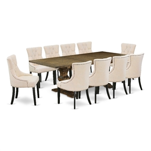 Pemberly Row 11-Piece Dining Set with Light Beige Chairs in Jacobean Finish