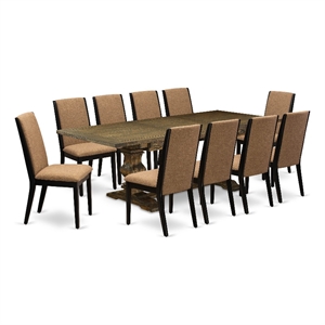 Pemberly Row Dining Table with Pedestal Legs and 10 Linen Chairs