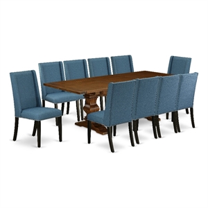 Pemberly Row 11-Piece Dining Set with Blue Linen Chairs and Walnut Table