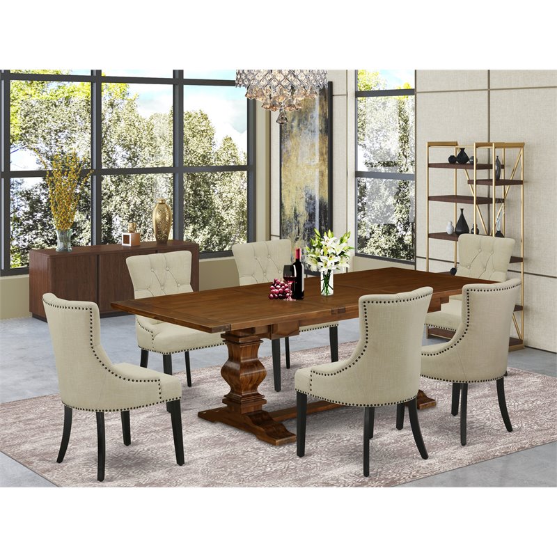 Pemberly Row 7-Piece Wood Dining Set in Walnut and Light Beige Upholstery