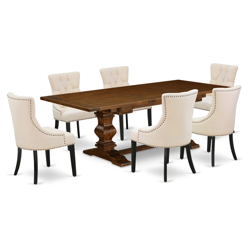 Pemberly Row 7-Piece Wood Dining Set in Walnut and Light Beige Upholstery
