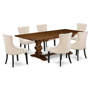 Pemberly Row 7-Piece Wood Dining Set in Walnut and Light Beige Upholstery