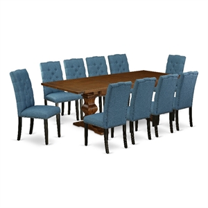 Pemberly Row 11-Piece Dining Set with Blue Upholstery in Antique Walnut