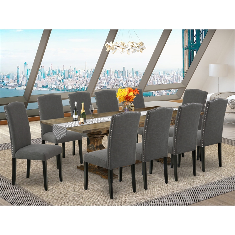 Pemberly Row 11-Piece Dining Set in Jacobean Wood and Gotham Gray Fabric