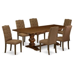 Pemberly Row 7-Pc Walnut Dining Set with Comfortable Brown Beige Chairs