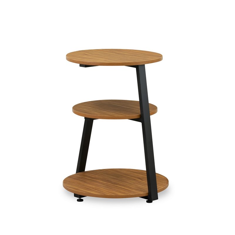 Pemberly Row Round End Table in Metal and Wood Black and Oak Finish