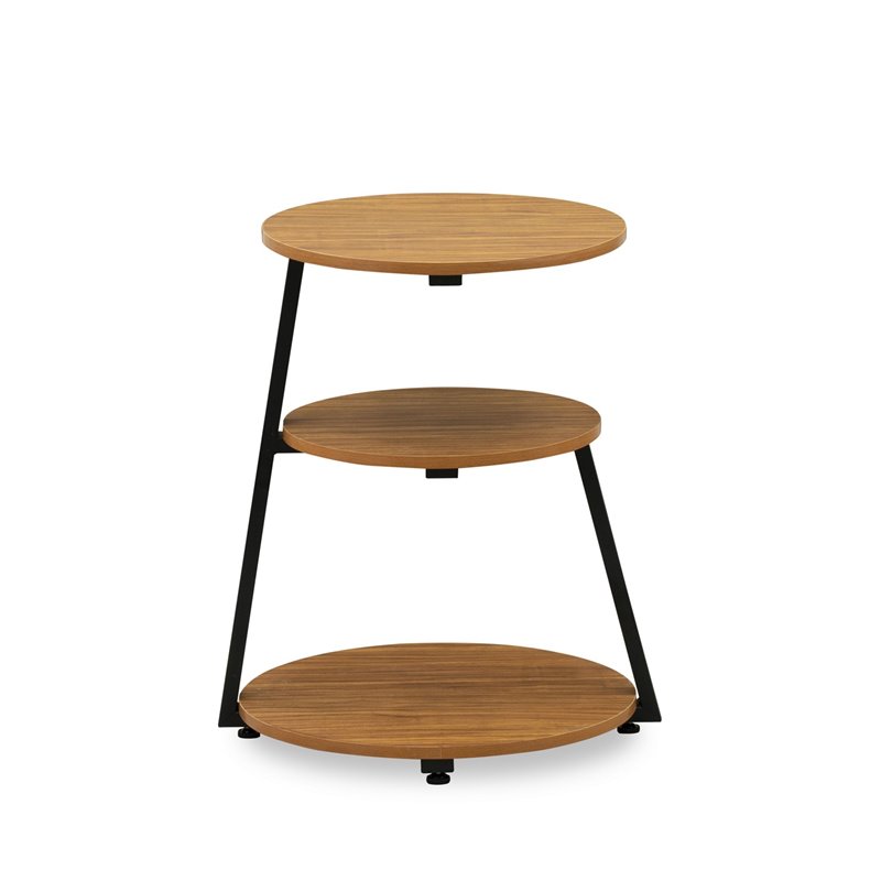 Pemberly Row Round End Table in Metal and Wood Black and Oak Finish