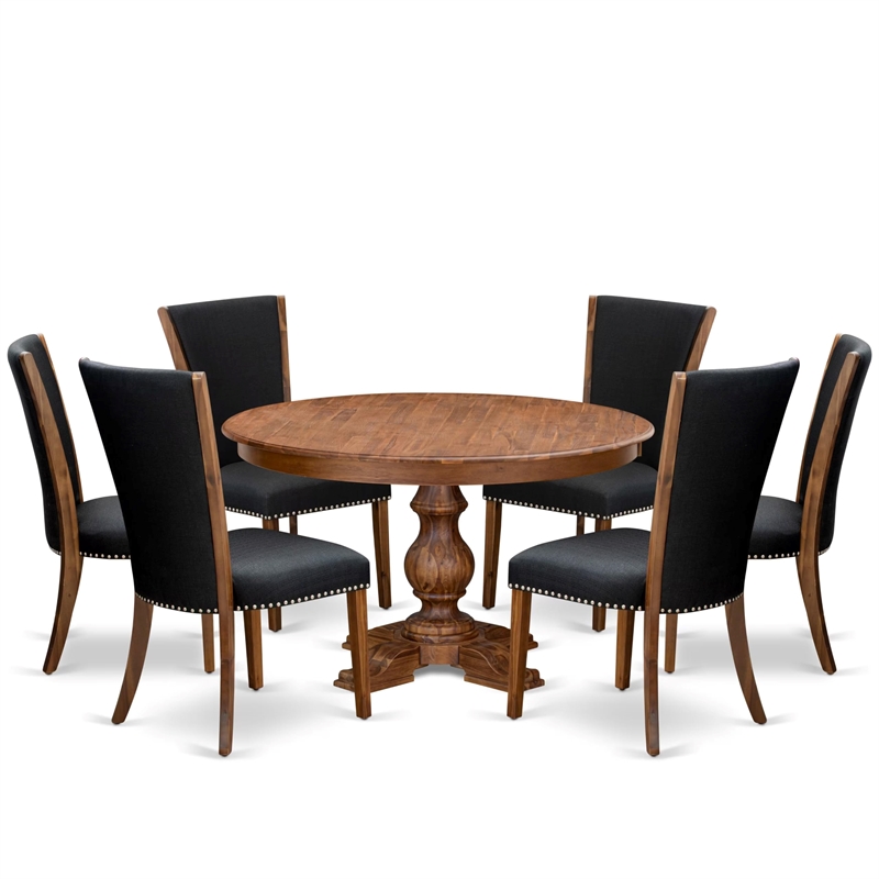 Pemberly Row 7-Piece Round Walnut Kitchen Table Set with Parson Chairs