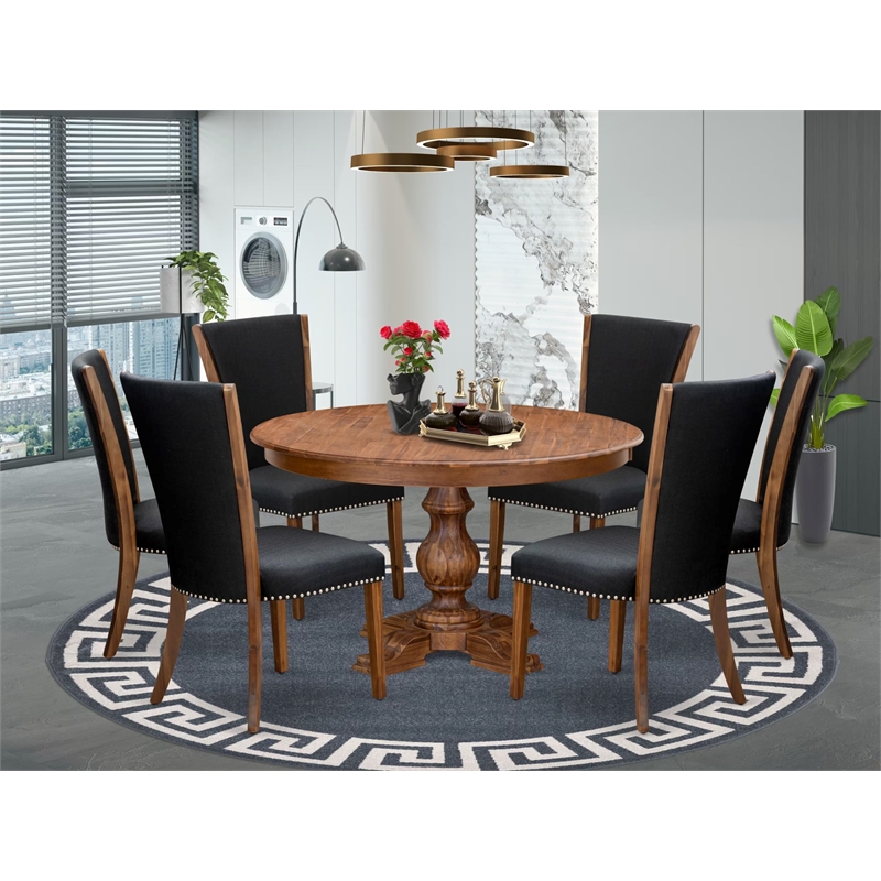 Pemberly Row 7-Piece Round Walnut Kitchen Table Set with Parson Chairs