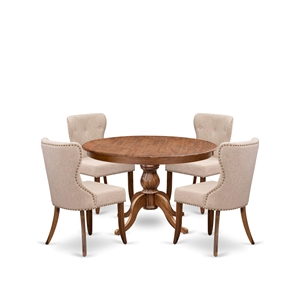 Pemberly Row 5-Piece Wood Dining Set with Walnut Table and Tan Chairs