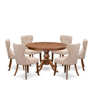 Pemberly Row 7 Piece Walnut Kitchen Dining Set with Linen Chairs