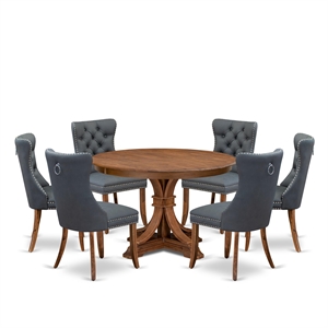 Pemberly Row 7-Piece Round Dining Set with Walnut Table and Gray Chairs