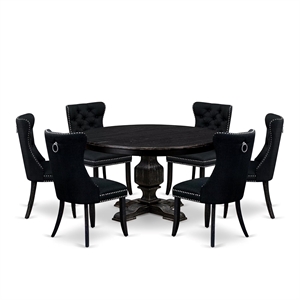 Pemberly Row 7-Piece Round Dining Set in Black Linen Upholstery