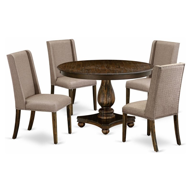 Pemberly Row 5-Piece Distressed Wood Dining Set with Khaki Linen Fabric