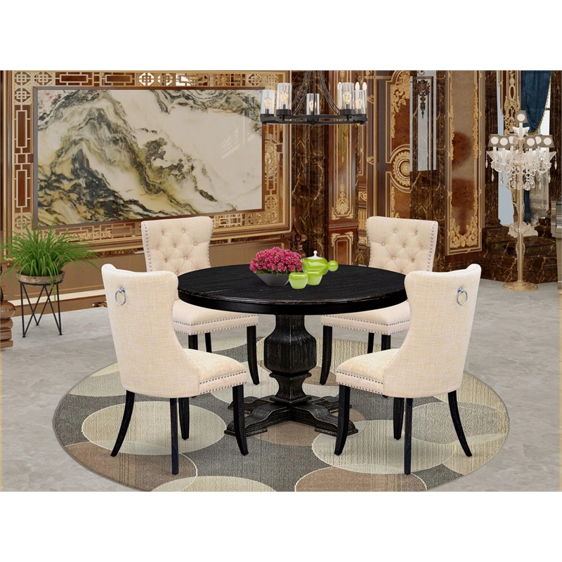 Pemberly Row 5-Piece Acacia Wood Dining Set in Sand Black Finish