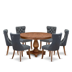 Pemberly Row 7-Piece Walnut Dining Table Set Rubberwood with Gray Leather