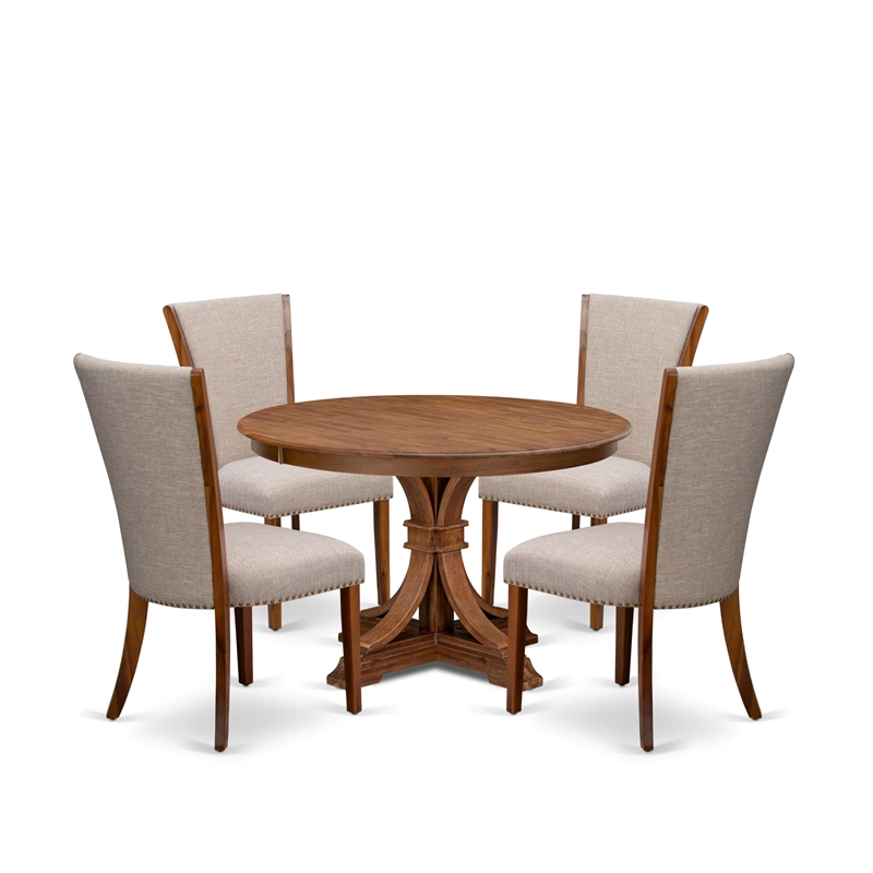 Pemberly Row 5 Piece Round Dining Room Set in Walnut Finish and Linen