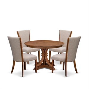 Pemberly Row 5 Piece Round Dining Room Set in Walnut Finish and Linen