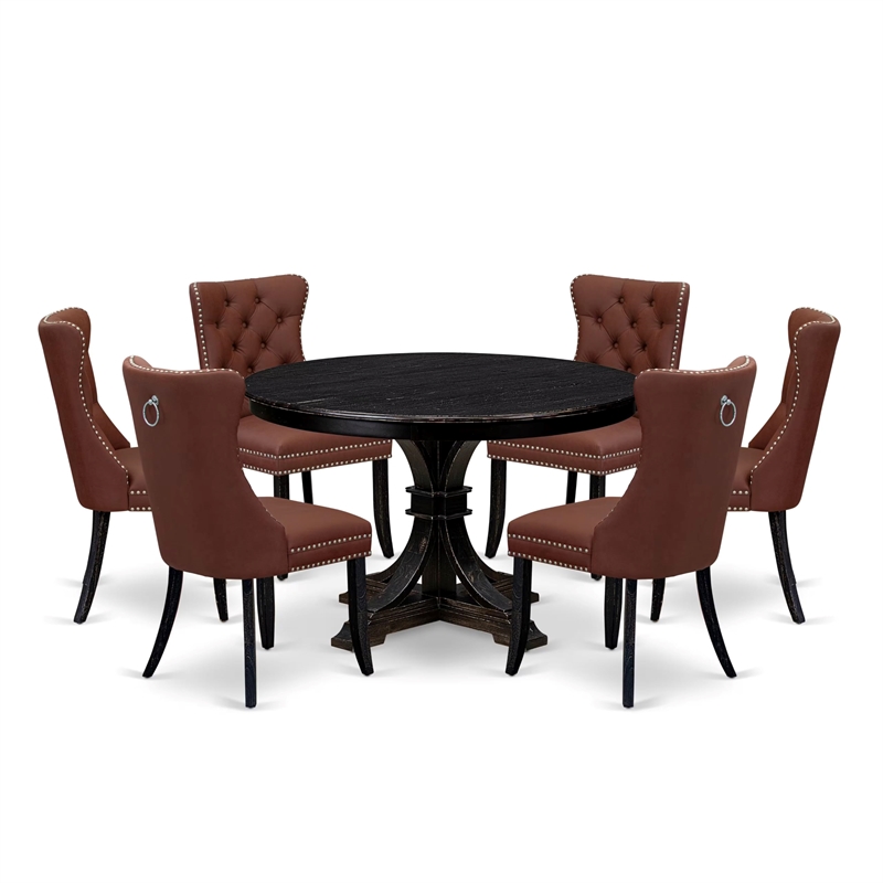 Pemberly Row 7-Piece Round Dining Set in Black with Faux Leather Chairs