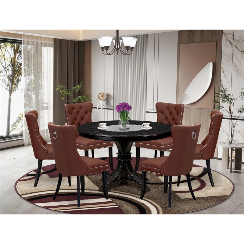 Pemberly Row 7-Piece Round Dining Set in Black with Faux Leather Chairs