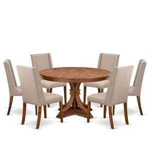Pemberly Row 7-Piece Round Dining Set in Walnut Finish with Linen Chairs