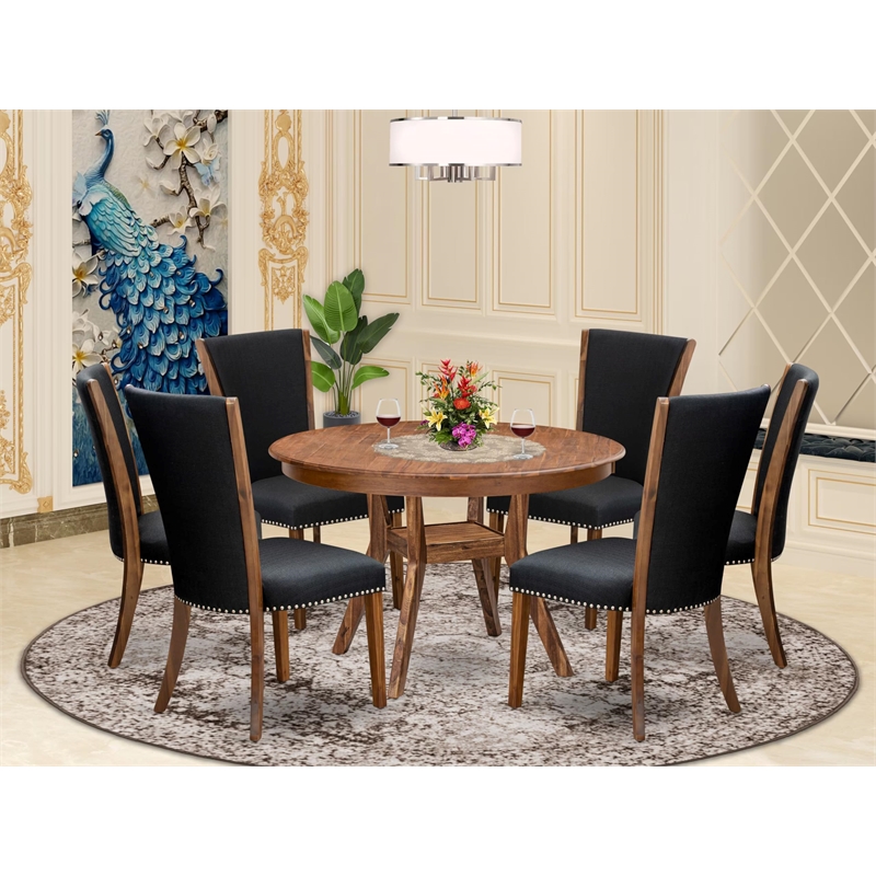 Pemberly Row 7-Piece Round Acacia Wood Dinette Set in Walnut Finish