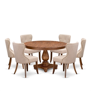 Pemberly Row 7-Piece Walnut Finish Kitchen Table Set with Light Tan Chairs