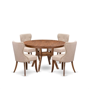 Pemberly Row 5-Piece Dining Set with Light Tan Linen Chairs in Walnut