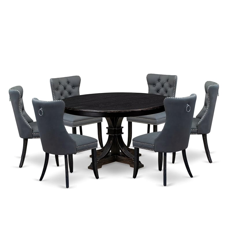 Pemberly Row 7-Piece Dining Table Set Acacia Wood Black Finish Faux Leather