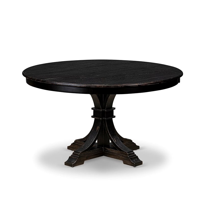 Pemberly Row 7-Piece Dining Table Set Acacia Wood Black Finish Faux Leather