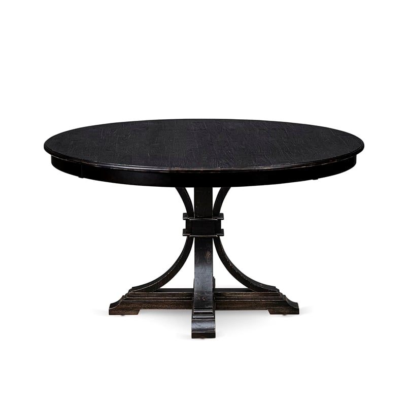 Pemberly Row 7-Piece Dining Table Set Acacia Wood Black Finish Faux Leather