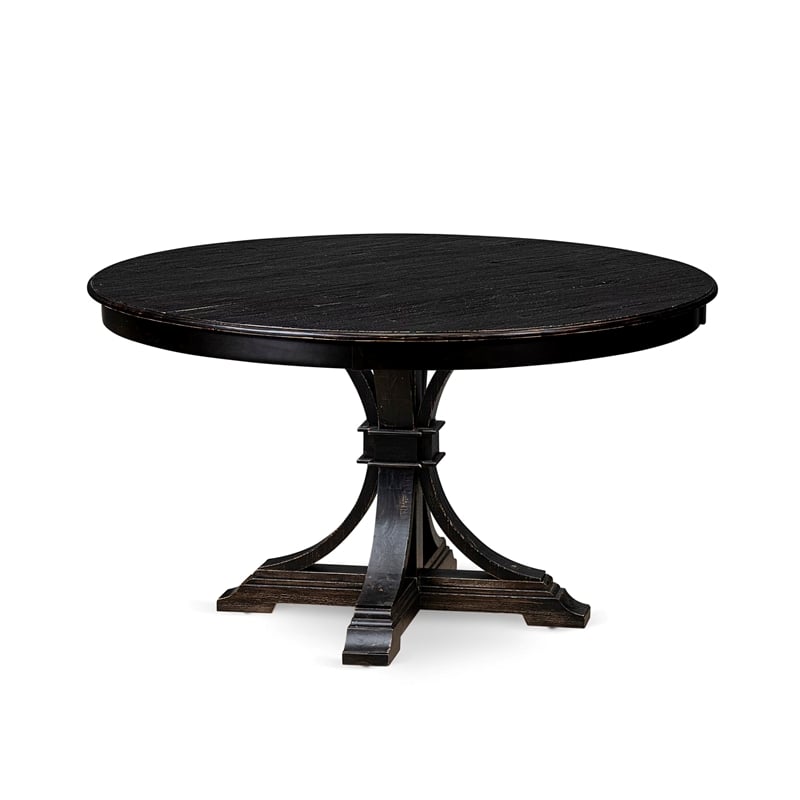 Pemberly Row 7-Piece Dining Table Set Acacia Wood Black Finish Faux Leather