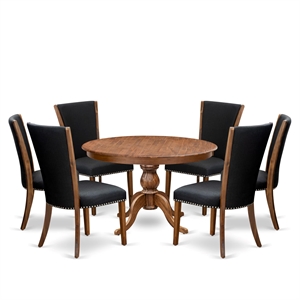 Pemberly Row 7-Piece Round Dining Set with Black Linen Chairs in Walnut