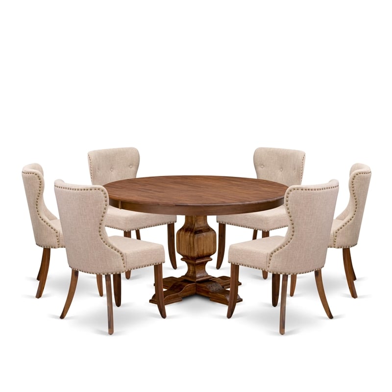 Pemberly Row 7-Piece Dining Set with Light Tan Linen Chairs in Walnut