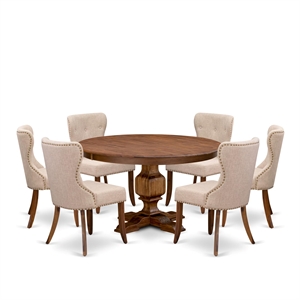 Pemberly Row 7-Piece Dining Set with Light Tan Linen Chairs in Walnut