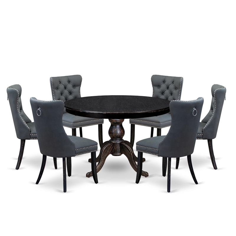Pemberly Row 7-Piece Modern Dining Set in Sand Blasted Black Wood