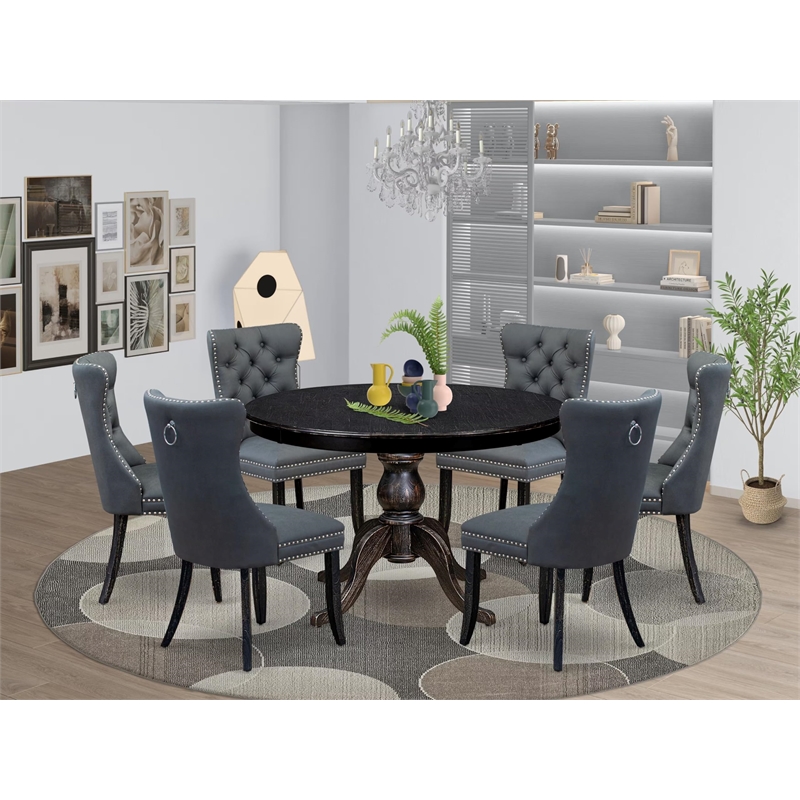 Pemberly Row 7-Piece Modern Dining Set in Sand Blasted Black Wood