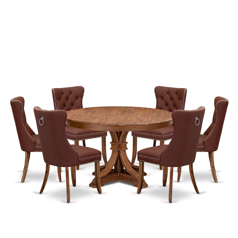 Pemberly Row 7-Piece Dining Set Wood in Walnut Finish with Burgundy Chairs