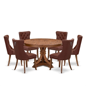 Pemberly Row 7-Piece Dining Set Wood in Walnut Finish with Burgundy Chairs