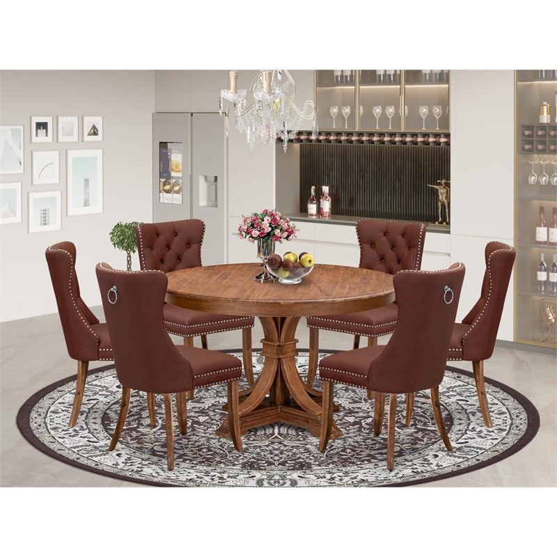 Pemberly Row 7-Piece Dining Set Wood in Walnut Finish with Burgundy Chairs