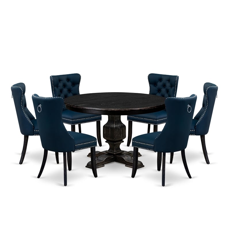 Pemberly Row 7-Piece Round Dining Set with Black Sand-Blasted Finish