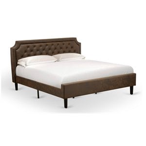 Pemberly Row Wood King Bed with Faux Leather Headboard in Dark Brown