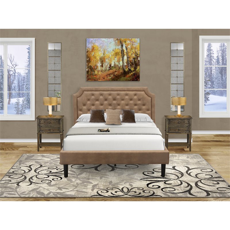 Pemberly Row Queen Platform Bed with Faux Leather Headboard in Brown