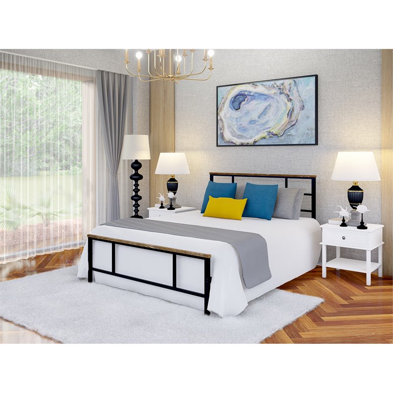 Pemberly Row Metal and Wood Full Platform Bed Frame with Headboard in Black