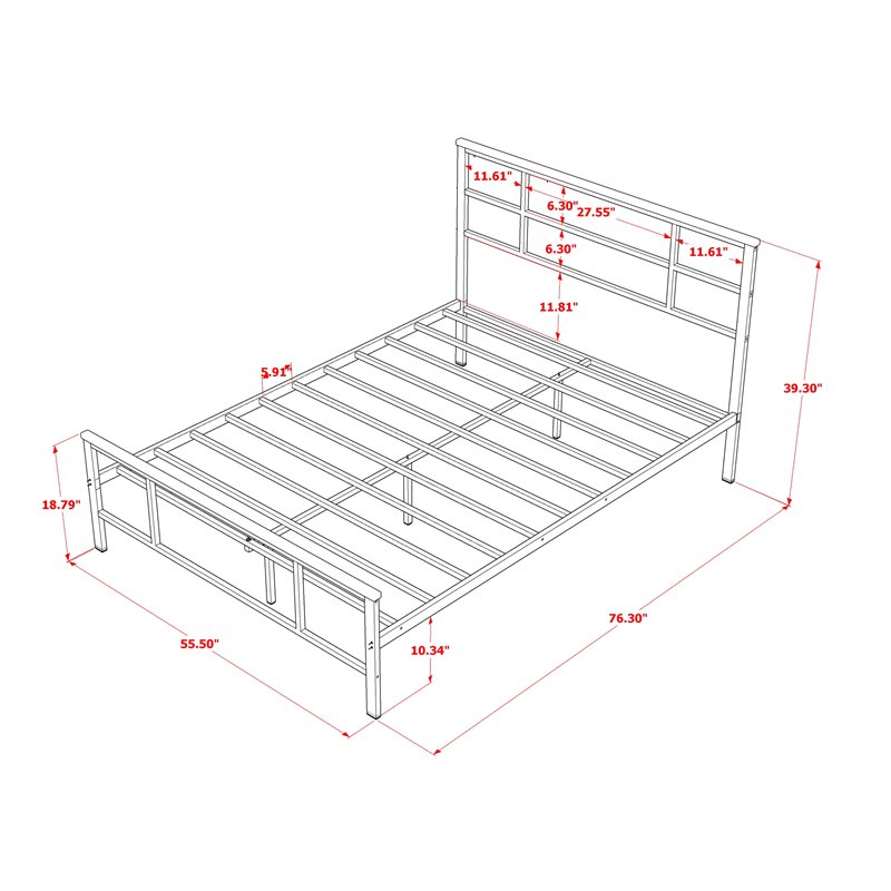 Pemberly Row Metal and Wood Full Platform Bed Frame with Headboard in Black