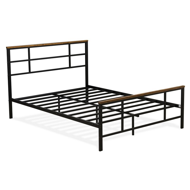 Pemberly Row Metal and Wood Full Platform Bed Frame with Headboard in Black