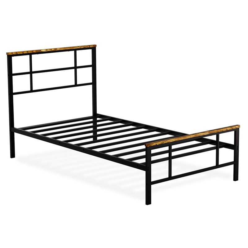 Pemberly Row Twin Bed Frame in Metal Black with Headboard and Slats
