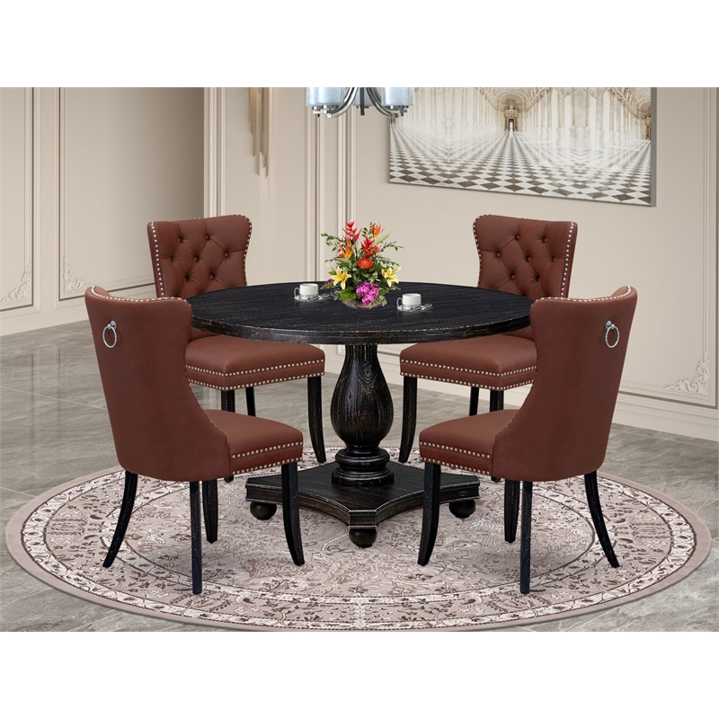 Pemberly Row 5-Piece Round Dining Set in Black with Faux Leather Chairs